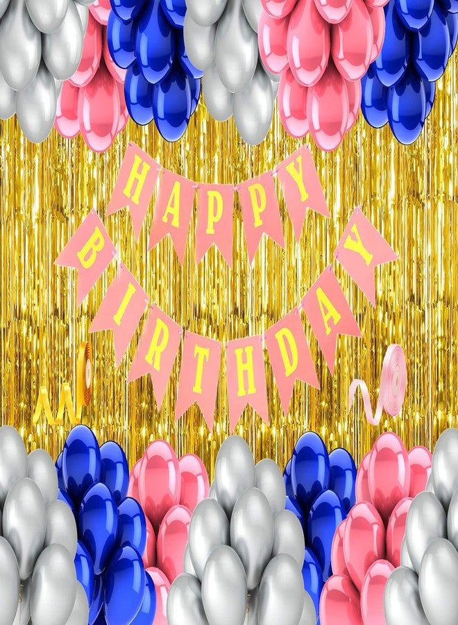 Flyloons Pink Silver Blue Birthday Decorations for Girls Set For Girls Women Mom Set of 52pcs happy birthday decoration items birthday decoration kit of Balloons,Foil Curtain Banner Curling Ribbon - Image 1